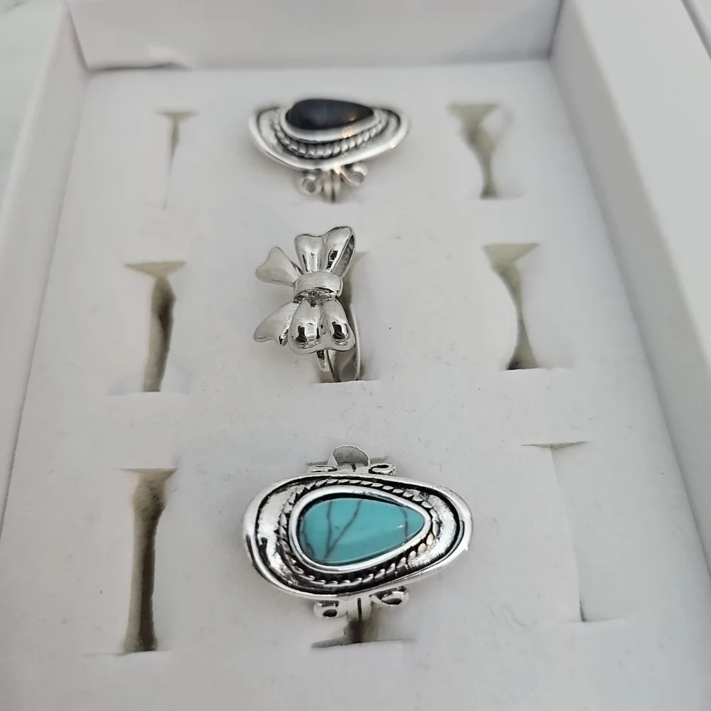 3pc Fashion Ring Set Silver Bow Black Stone Blue Country Girl Southwestern